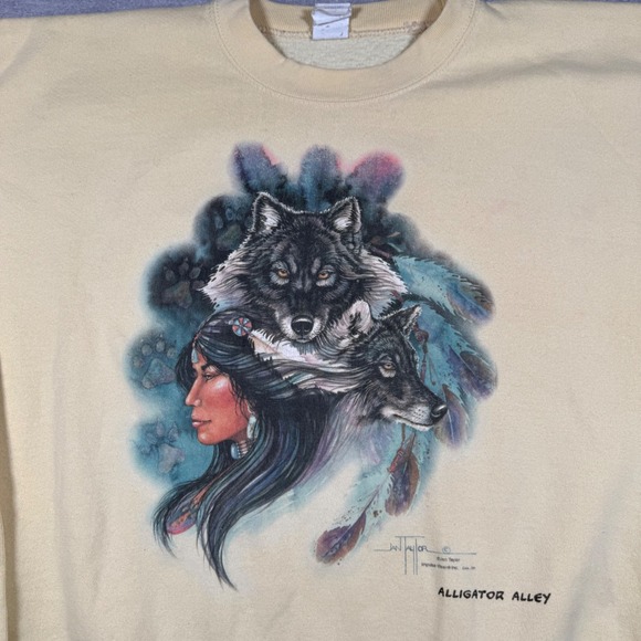 Vintage Nature Sweatshirt Mens XL Yellow Jan Taylor Native American Wolf - Picture 2 of 11